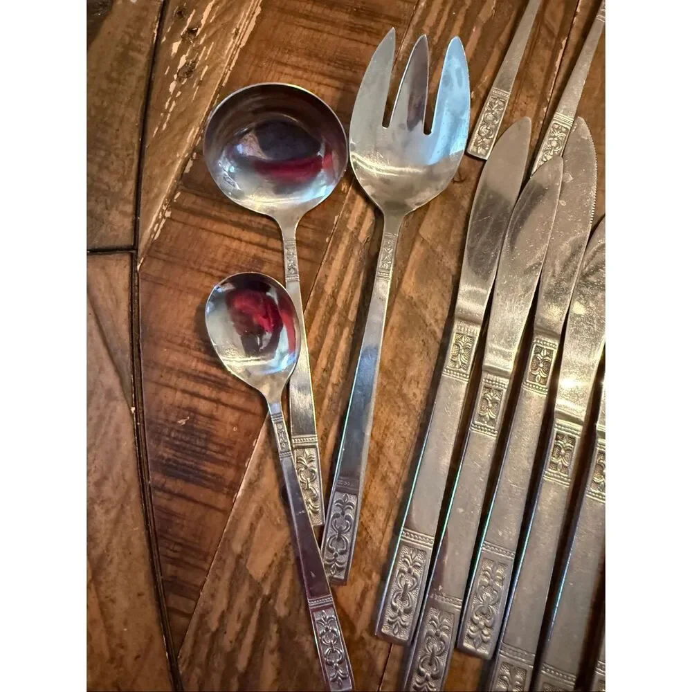 Vintage Custom Craft Stainless Steel Flatware 52PCs Fleur De Lis Mid Century MCM